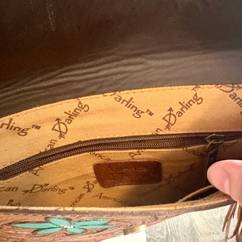 Turquoise Floral Tooled Brown Leather Fringe Crossbody Bag - Picture 2 of 3